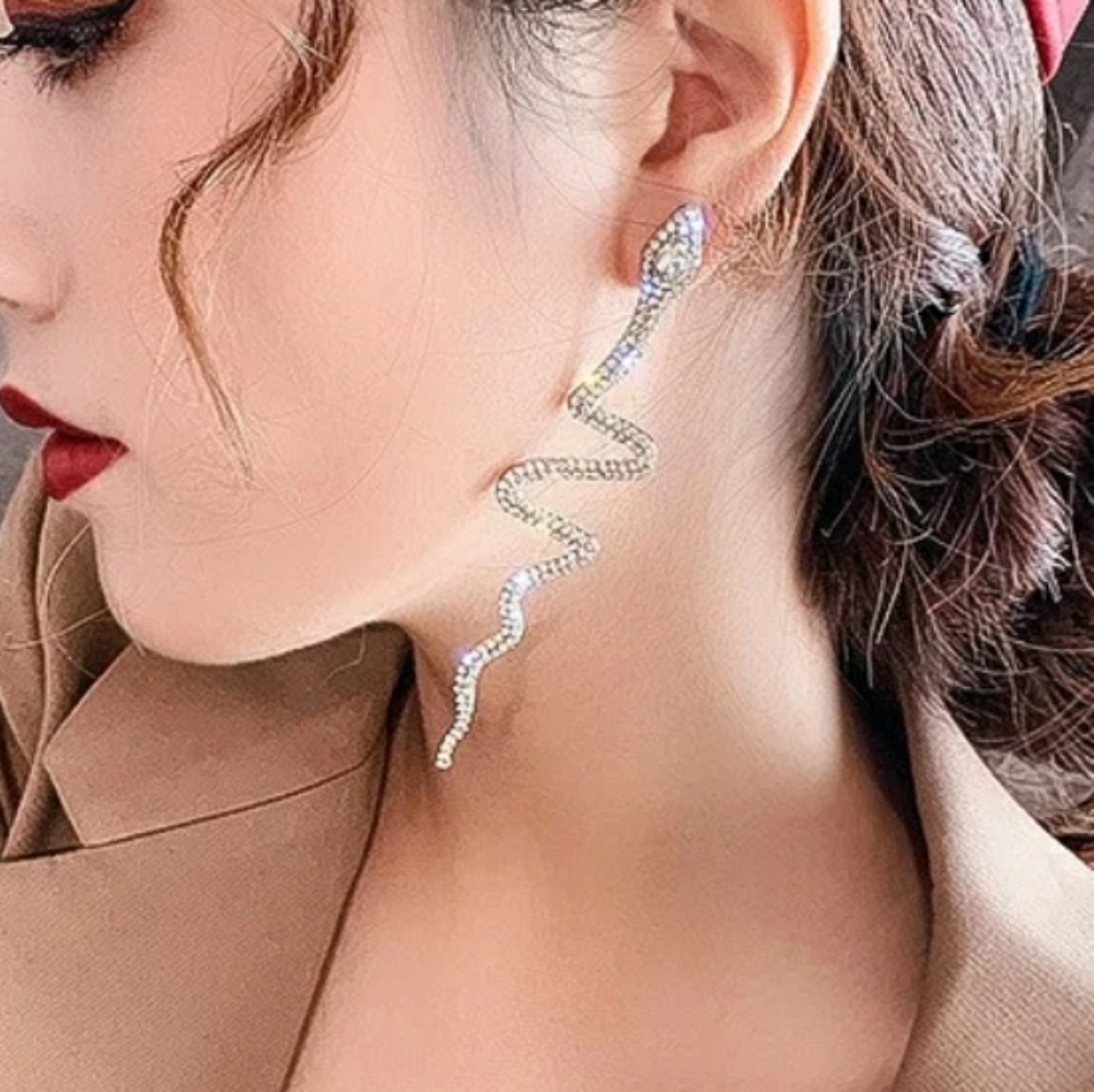 LARGE crystal snake earrings in silver or gold - Picture 1 of 6